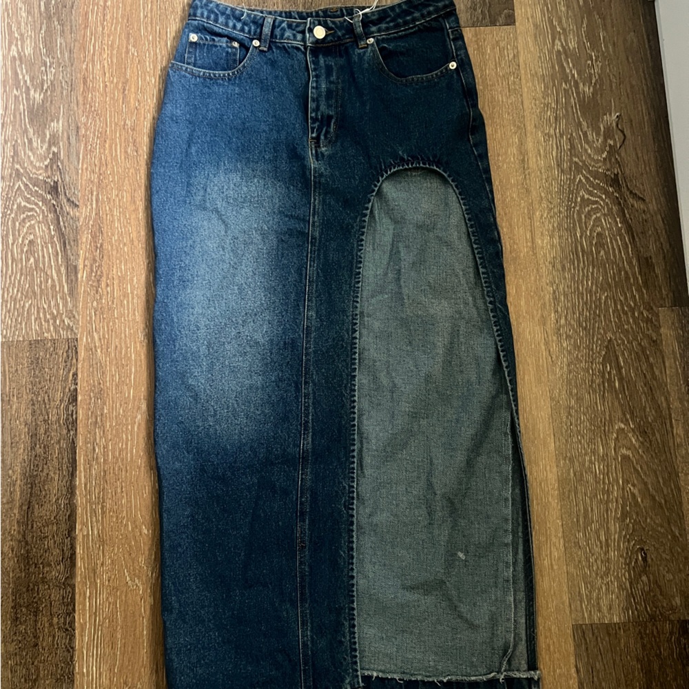 Miss Lola high slit denim maxi skirt